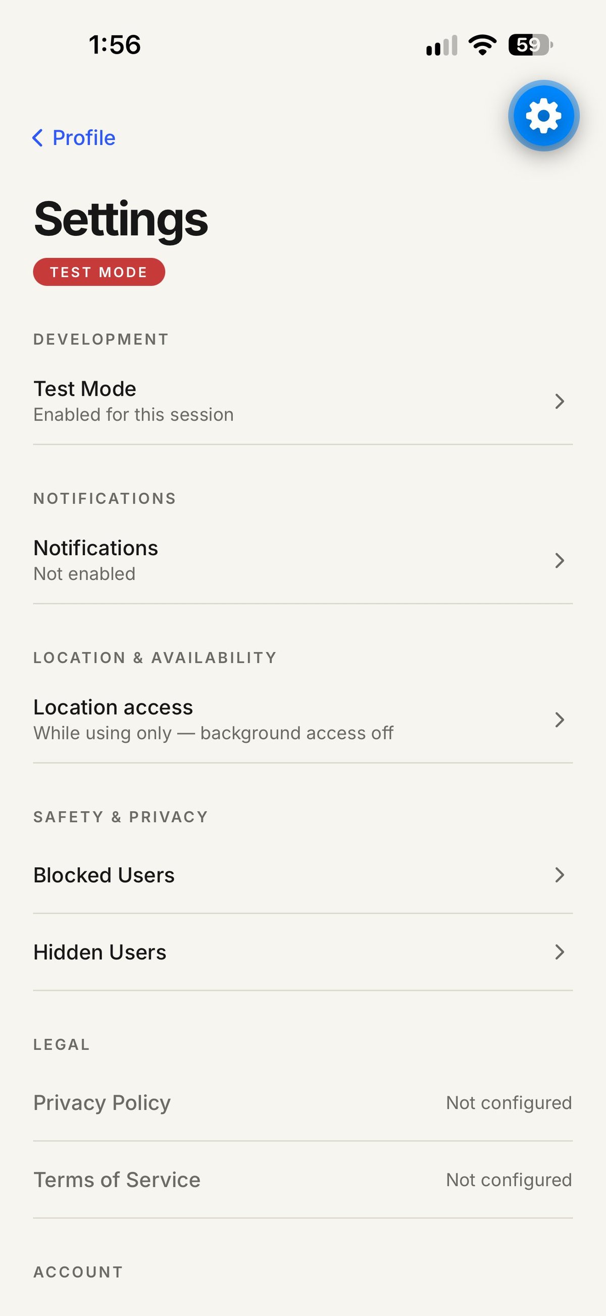 Mobile app settings screen showing Test Mode enabled, Notifications disabled, Location access, Blocked/Hidden Users, and Legal section with Privacy Policy and Terms of Service options