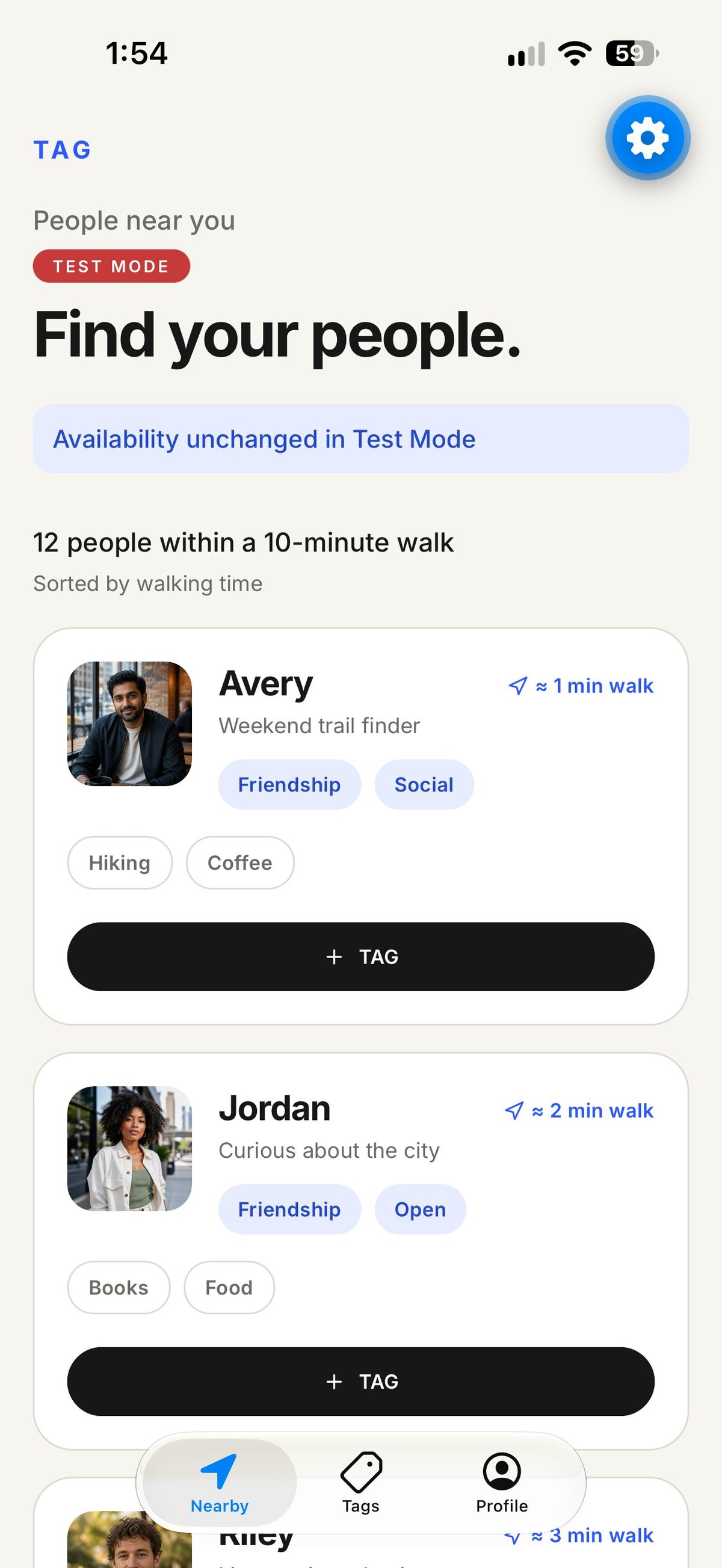 Mobile app screen showing people finder feature with nearby users listed by walking distance, including profiles for Avery, Jordan, and Riley