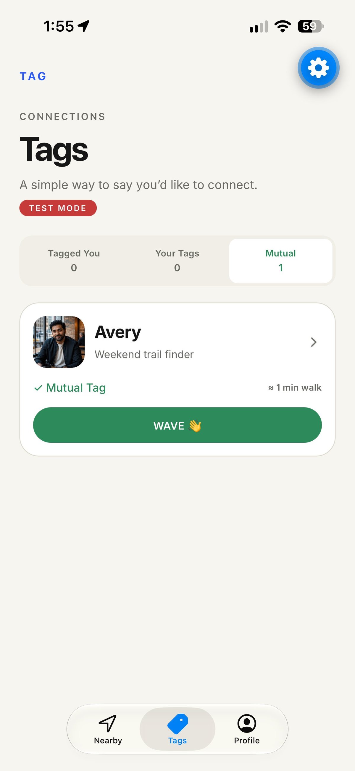 Mobile app Tags screen showing connections with a mutual tag for Avery, weekend trail finder, with a Wave button and 1 minute walk distance